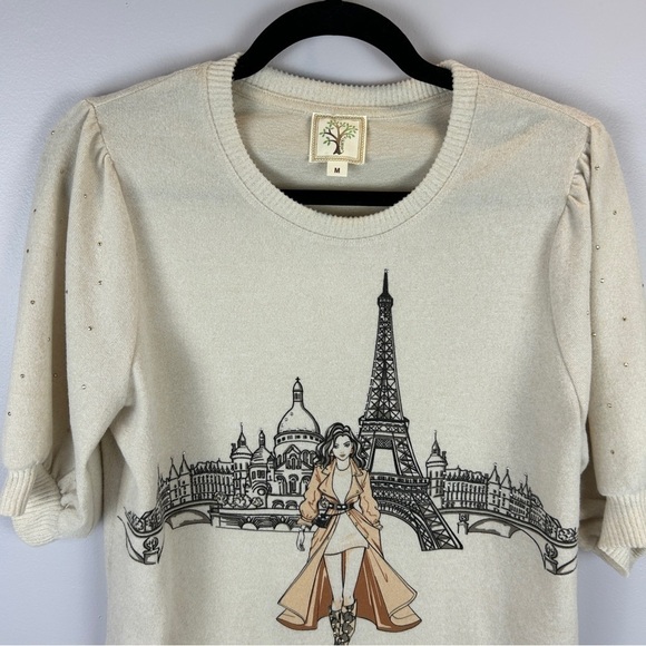 Colortree Casual Paris Themed Embellished Knit Short Sleeve Sweater Medium - Picture 3 of 13